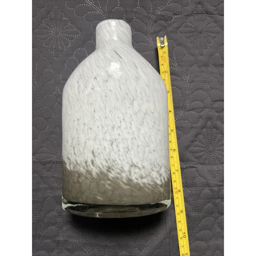 3pc Hand Blown Art Glass Vase Bottle Swirl White & Gray Mottled Set Heavy Decor